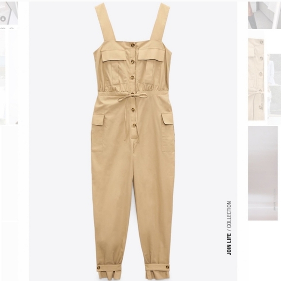 ZARA Poplin Cargo Overall Jumpsuit Tan Color Size Medium - Picture 3 of 13
